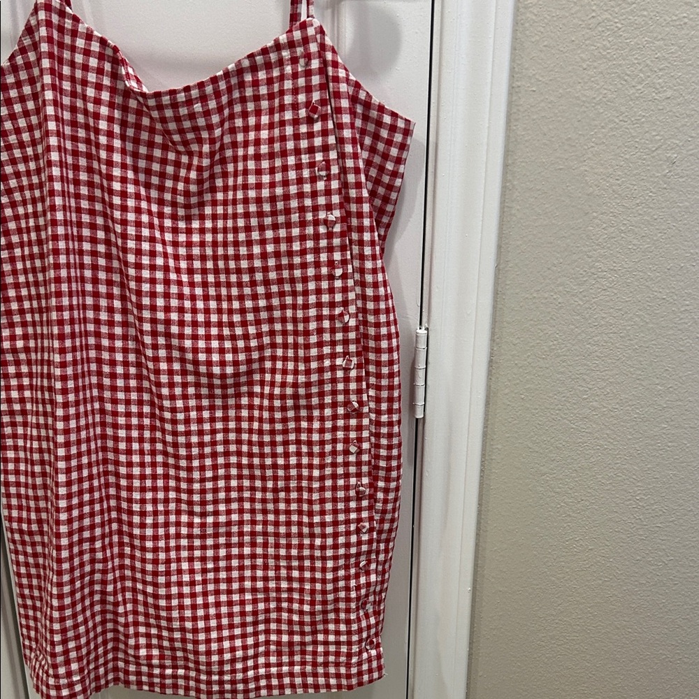 Red Gingham Spaghetti Strap Dress - W/ Pockets! - Picture 3 of 4